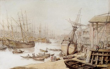  Figuras Arte - Una vista del Támesis con numerosos barcos y figuras en el muelle caricatura de Thomas Rowlandson